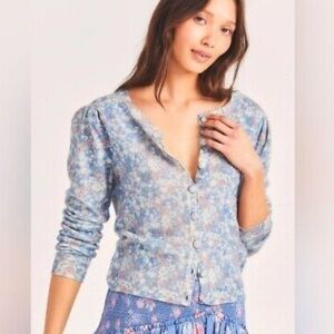 LoveShackFancy Simona Floral Puff Sleeve Cardigan Serenity Blue Wool Cashmere XS